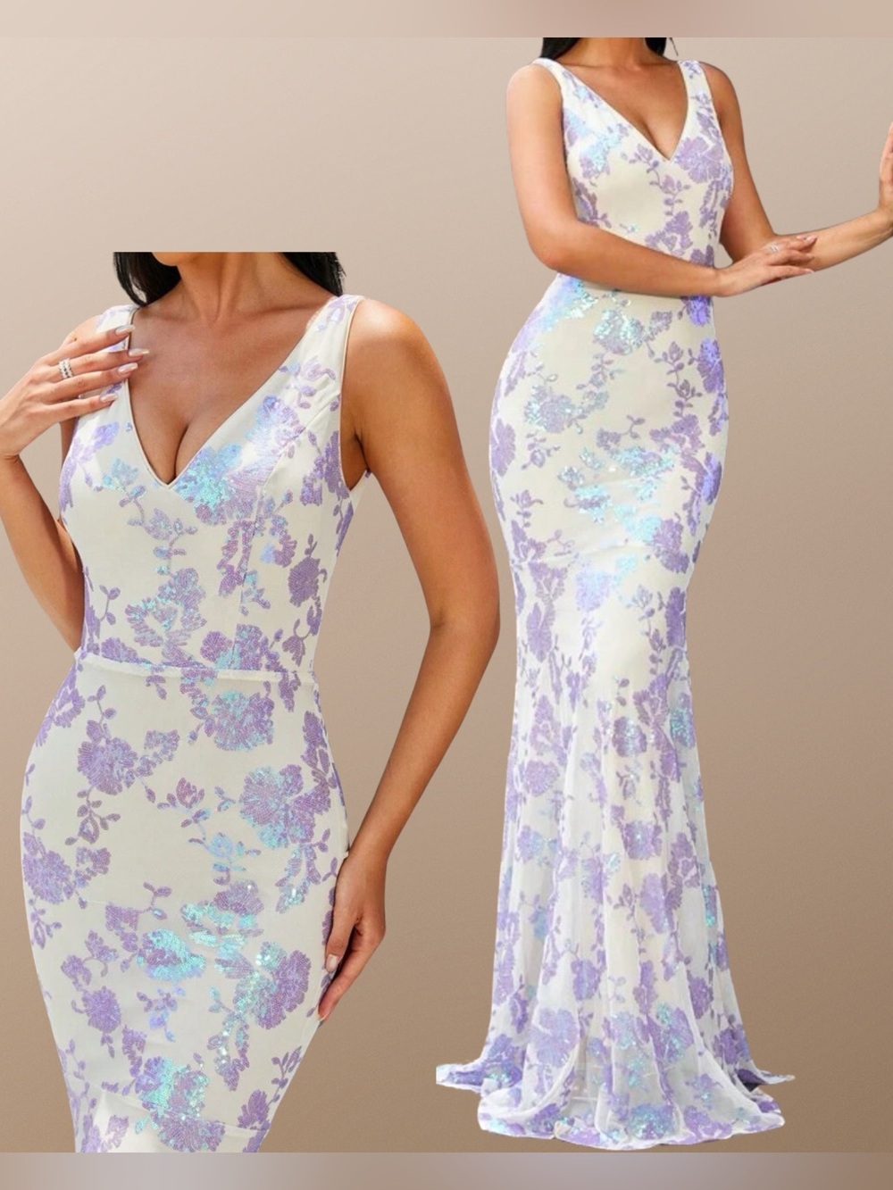 Ivory and Lavender Floral Sequin V-Neck Maxi Dress